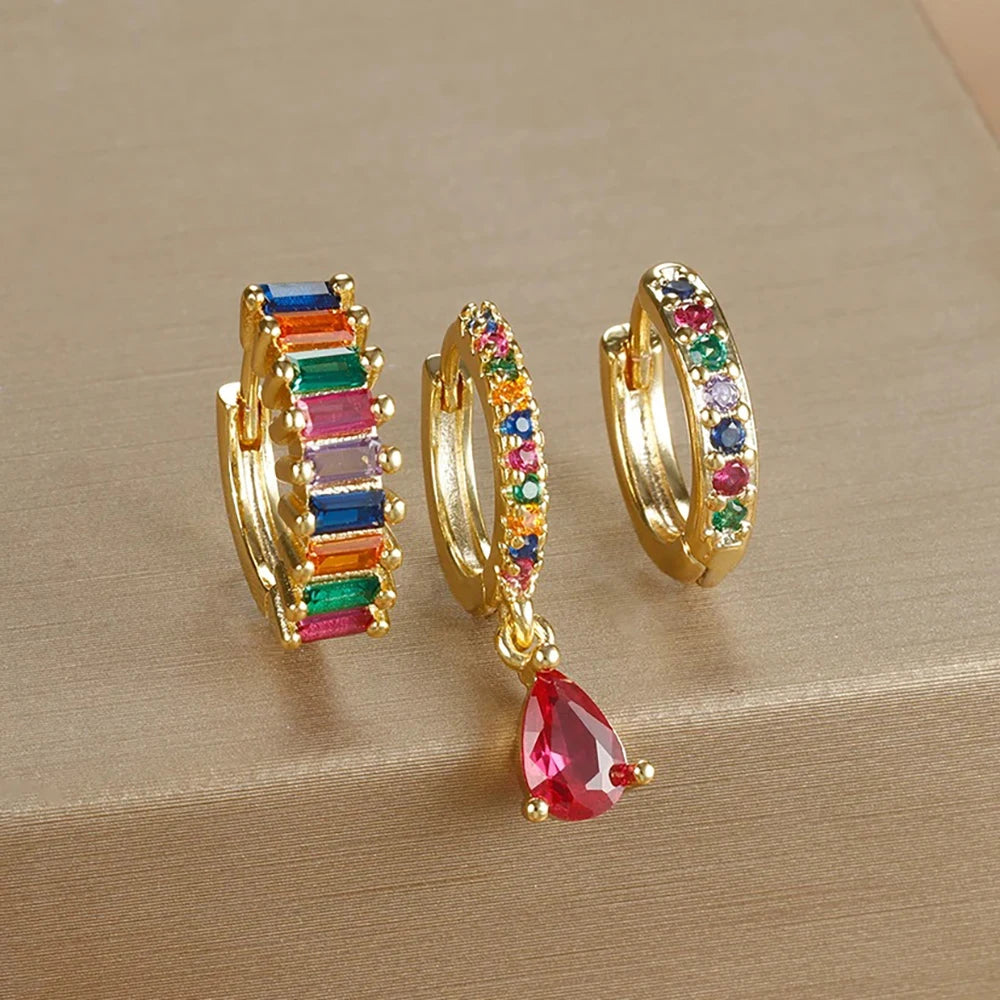 3PCS Stainless Steel Gold Plated Hoop Earrings Zircon Pendant