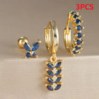 3PCS Zircon Leaf Hoop Earrings Set Stainless Steel Butterfly Studs