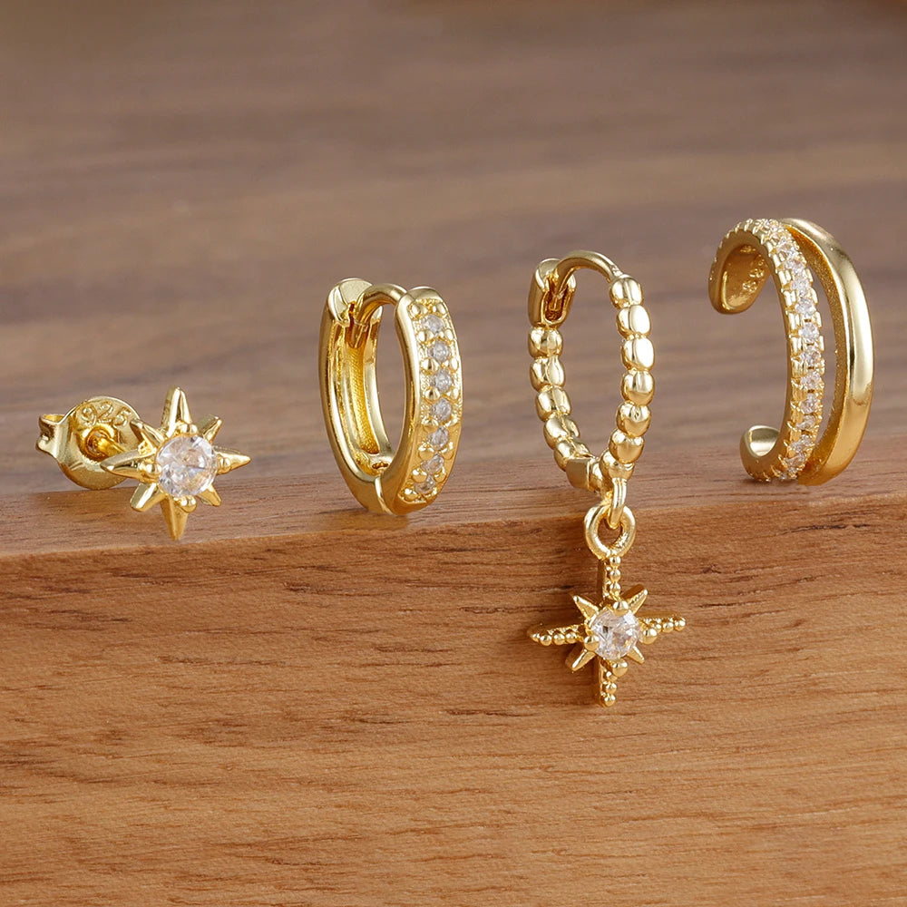 4pcs Stainless Steel Cubic Zirconia Star Dangle Earring Set Clips