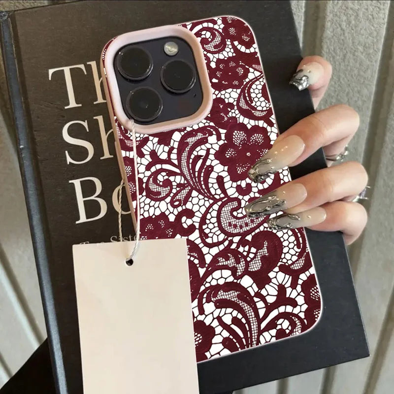 Red Lace Design Lychee Case for iPhone 17 16 15 14 13 12 Pro Max