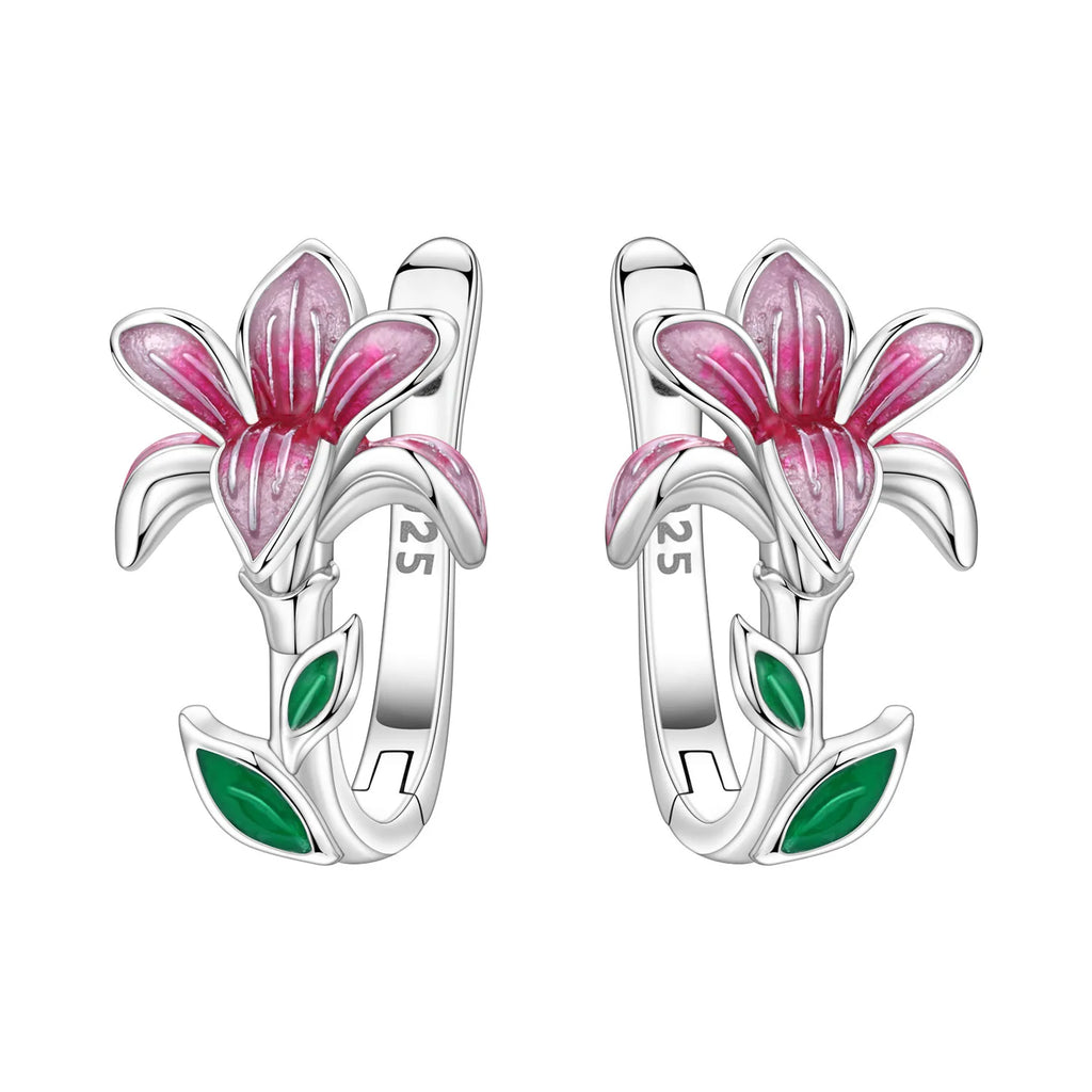 925 Sterling Silver Flower Plant Zircon Circle Hoop Earrings Jewellery Gift