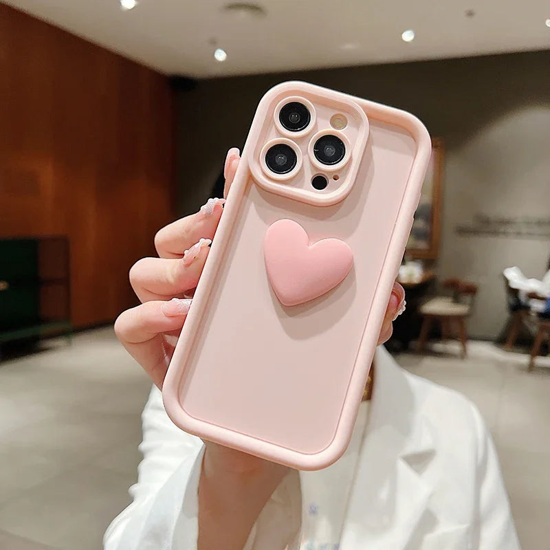 3D Love Heart Pink Matte Case for iPhone 17 16 15 14 13 12 11 Pro Max Plus