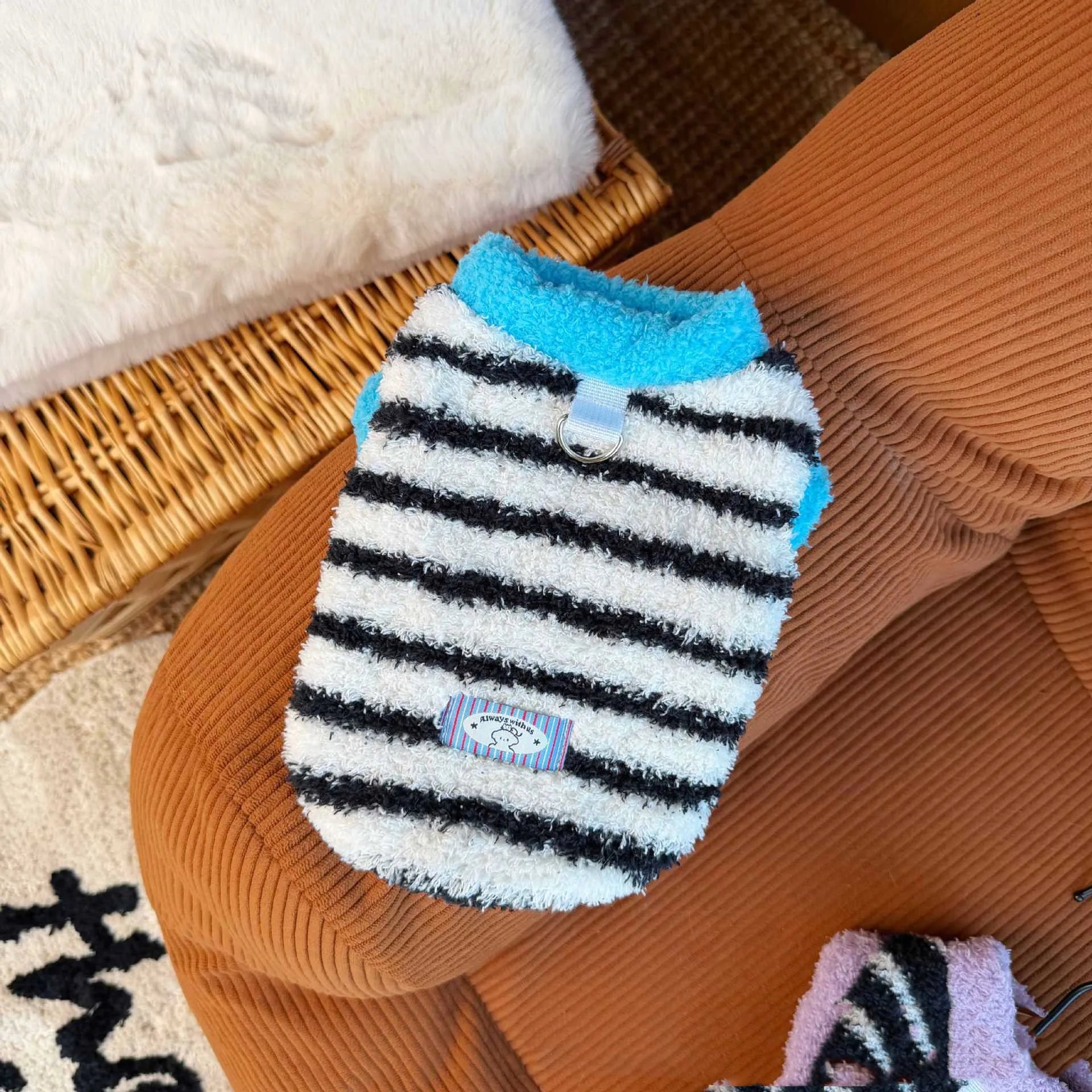 Striped Plush Pet Vest Warm Fleece Dog Cat Sweater Sleeveless Puppy Outfit