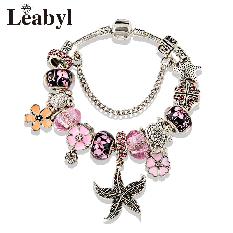 Romantic Pink Heart Charm Bracelet Fine Crystal DIY Bead Bangle Gift