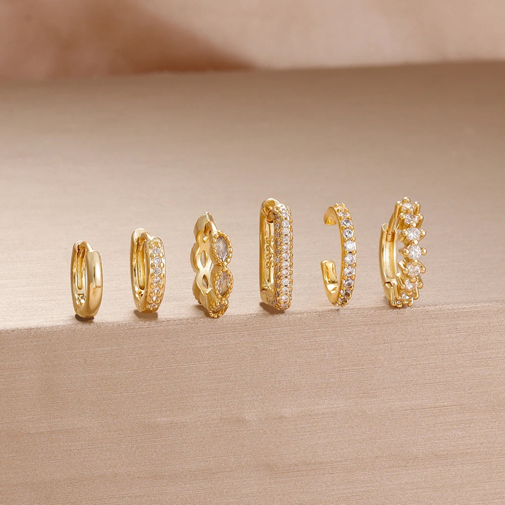 6PCS Exquisite Zircon Geometric Circle Earrings Set Gold Colour Steel