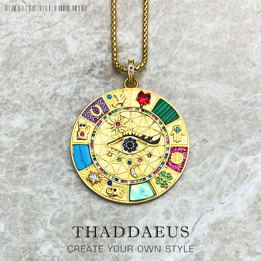 Magical Lucky Symbols Amulet Necklace 925 Sterling Silver Wheel of Fortune