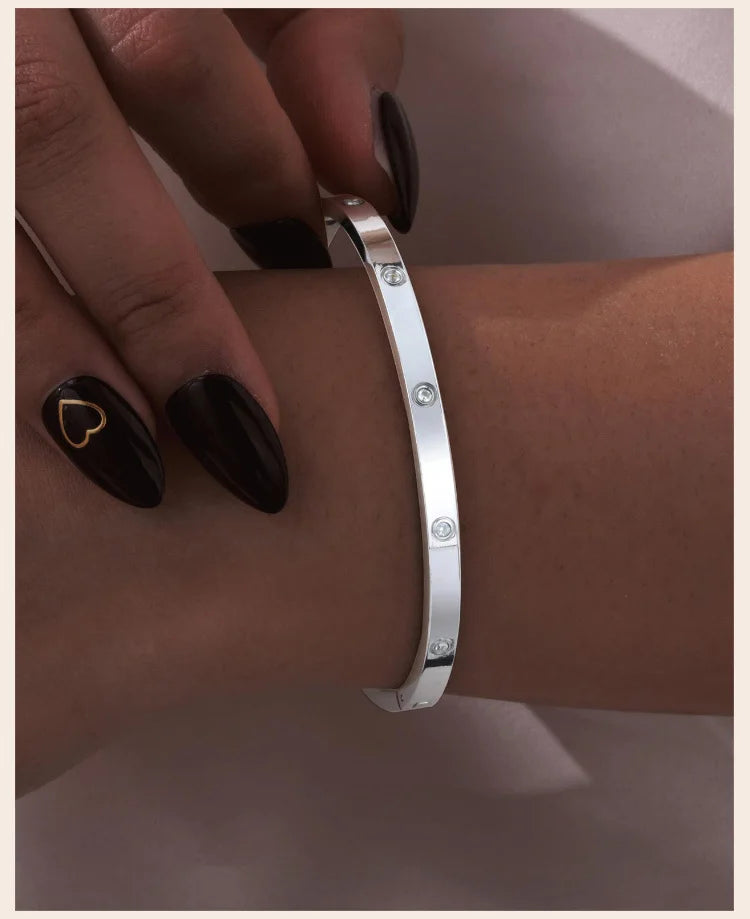Cubic Zirconia Love Friendship Bracelets,6mm 4mm Women Bangles With CZ Stones, 18K Gold Plated Stainless Steel Jewelry