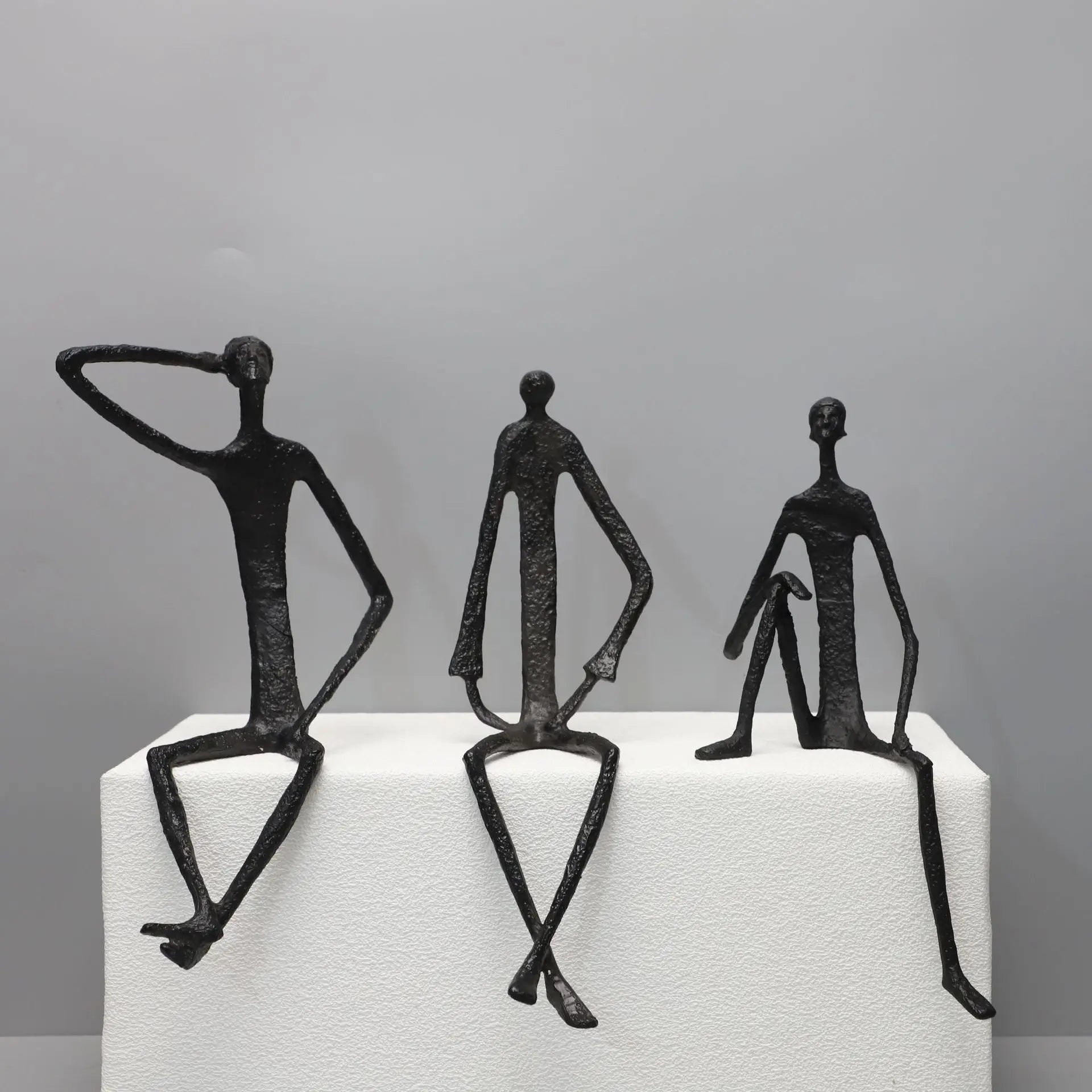 Modern Abstract Thin Metal Figure Sculpture Set Sitting Thinker Figurine Iron Art