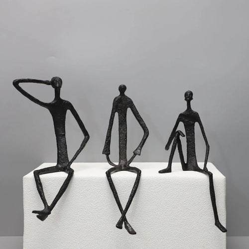 Modern Abstract Thin Metal Figure Sculpture Set Sitting Thinker Figurine Iron Art