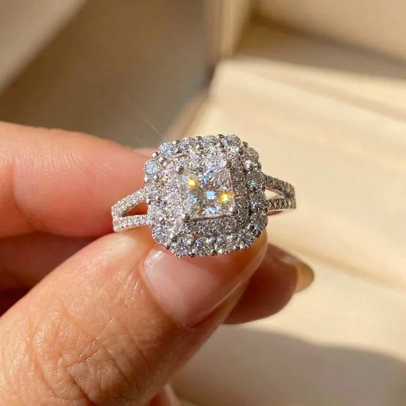 925 Sterling Silver Fashion Square Flashing Ring Geometric Luxury Inlaid AAA Cubic Zirconia