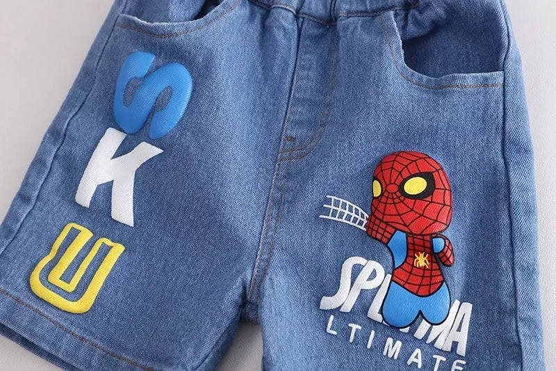 Summer Boys Spiderman Short Sleeve T-Shirt & Jeans Set Kids Fashion Clothing