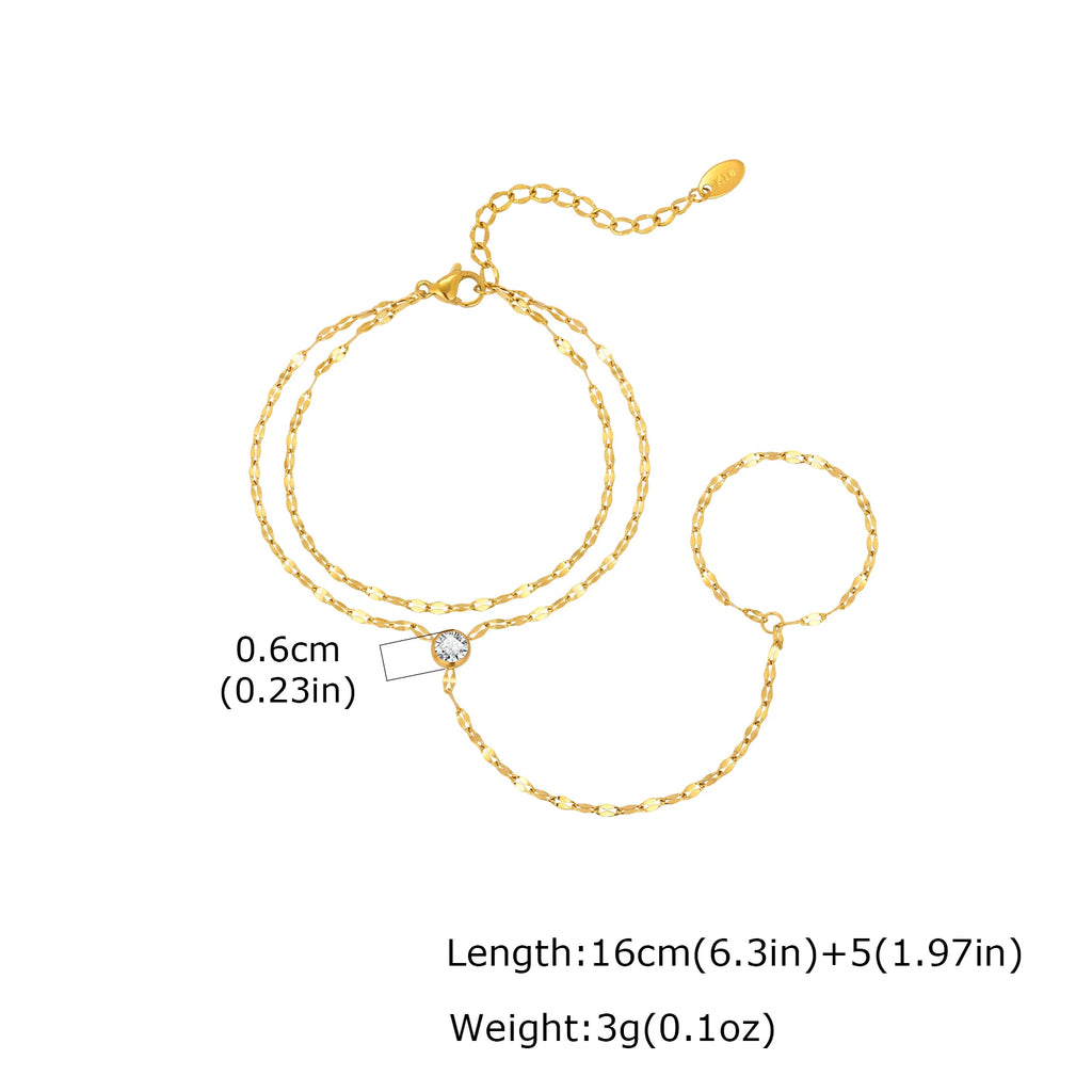 Stainless Steel Hand Chain Ring Bracelet for Women, Adjustable Gold Plated Doule-layer Bracelets, Christmas Party Jewelry