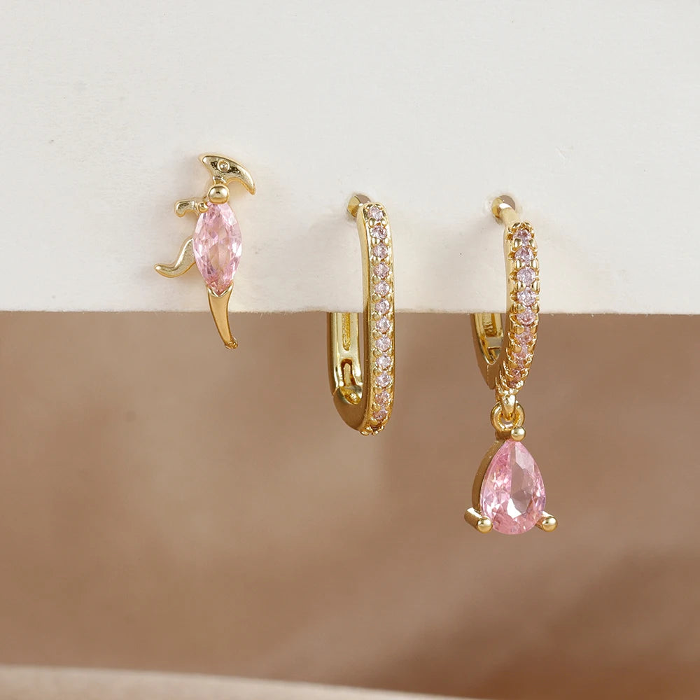 3PCS Waterdrop Shape Zircon Hoop Earrings Triangle Flower Studs