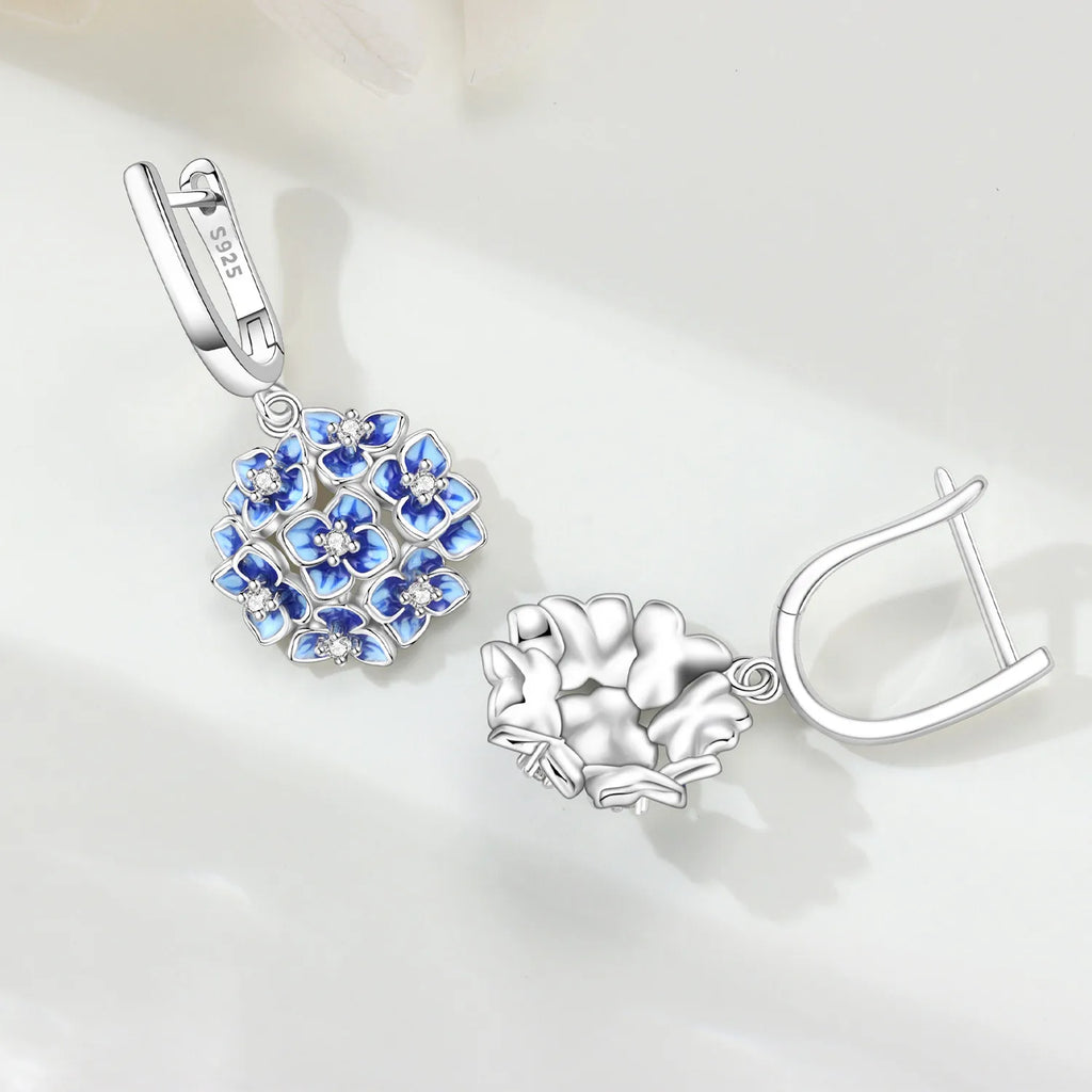 925 Sterling Silver Blue Hydrangea Flower Drop Earrings Anniversary Jewellery Gift