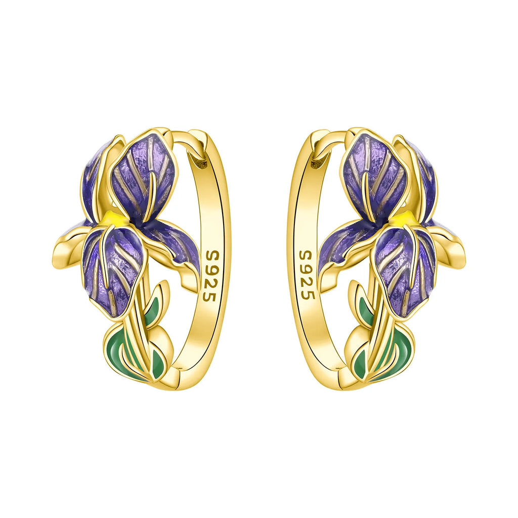 925 Sterling Silver Blue Iris Flower Hoop Earrings Anniversary Jewellery Gift
