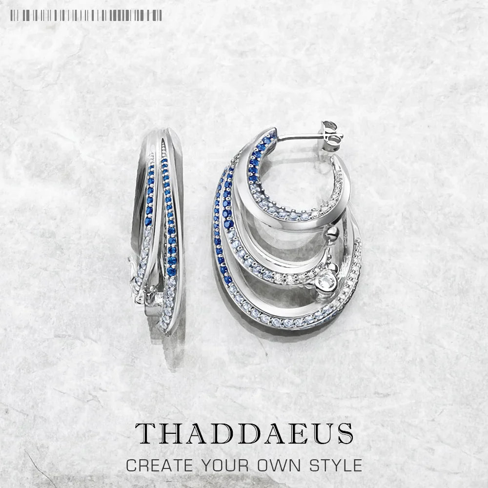 Blue Stones Wave Creole Hoop Earrings 925 Sterling Silver Bohemia Gift