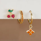 3PCS Stainless Steel Orange Zirconia Flower Pendant Hanging Earrings Set