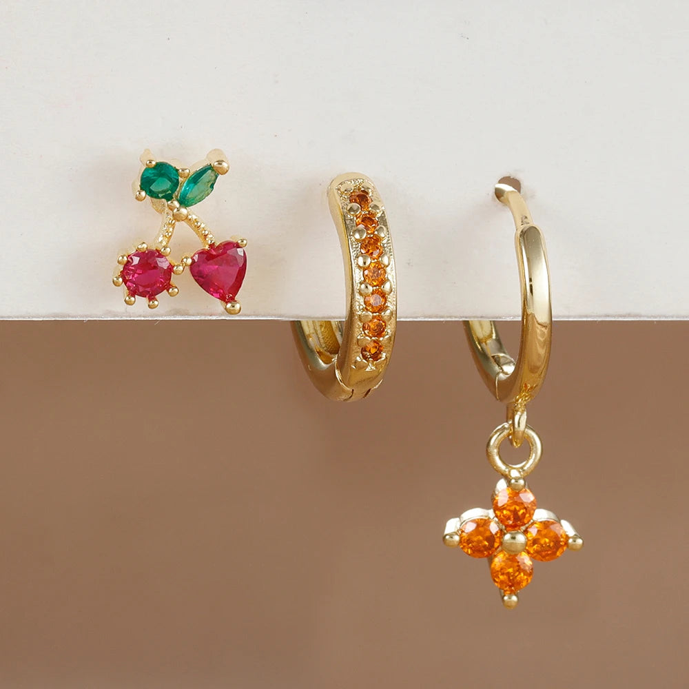 3PCS Stainless Steel Orange Zirconia Flower Pendant Hanging Earrings Set