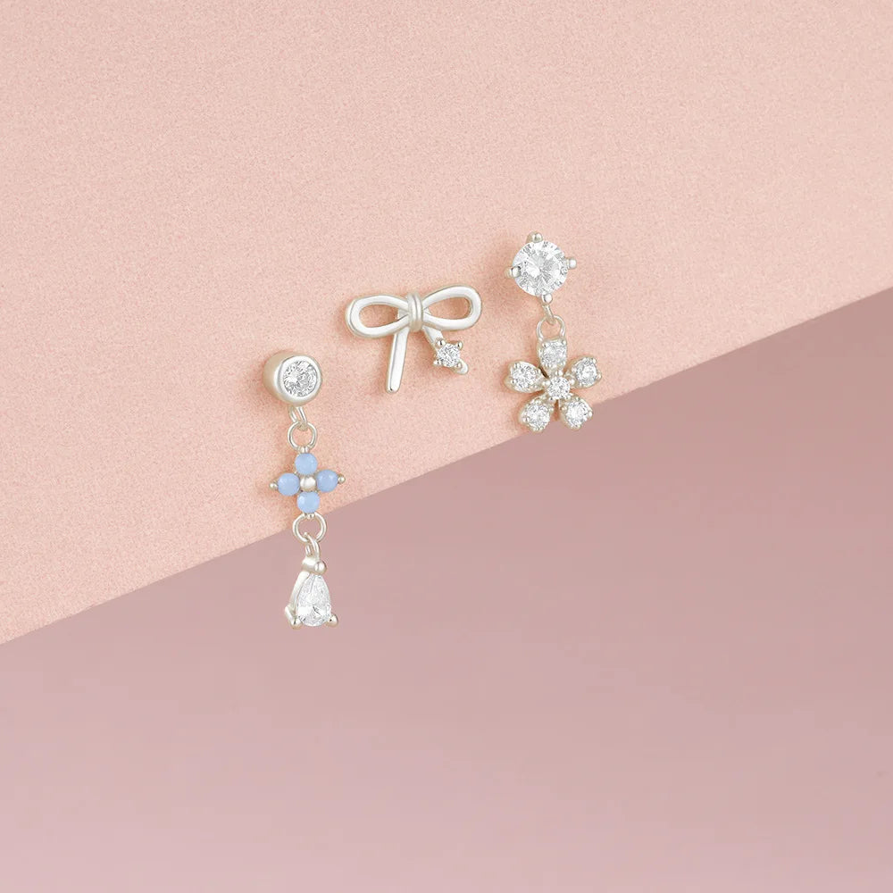 3PCS Stainless Steel Blue Opal Stone Flower Bowknot Petal Piercing
