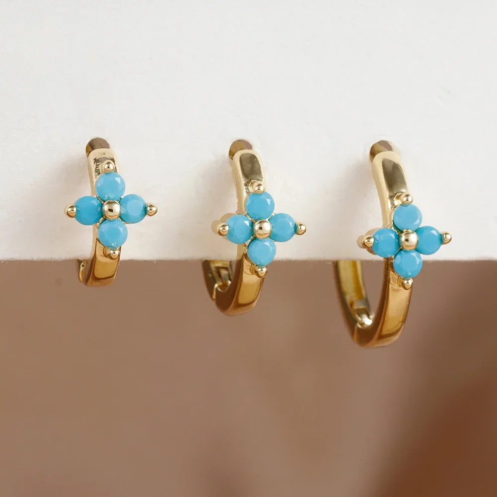 3PCS Simple Flower Zircon Hoop Earrings 18K Gold Plated Steel