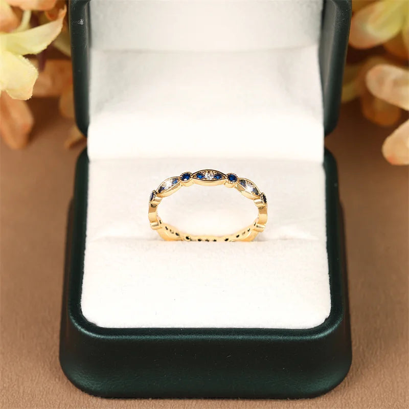 Delicate Tiny Royal Blue Stone Stacking Thin Rings For Women Gold Color White Zircon Wedding Bands Female Daily Party Jewelry CZ