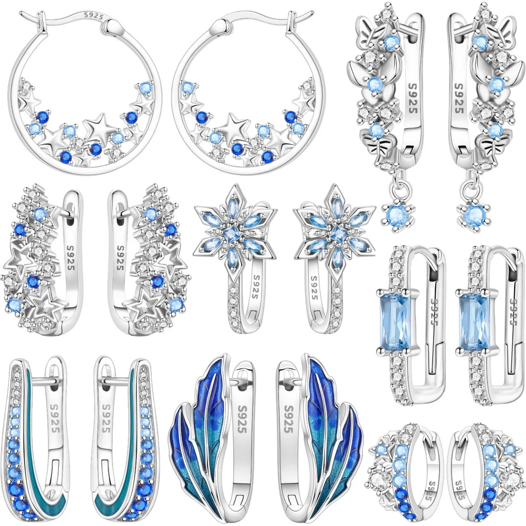 925 Sterling Silver Blue Zircon Starry Sky Hoop Earrings Trendy Jewellery