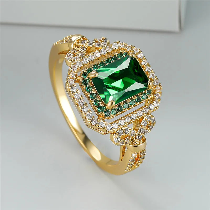 Classic Gold Color Wedding Ring Female Luxury Crystal Engagement Ring Green Zircon Square Stone Rings For Women Minimalist Bands