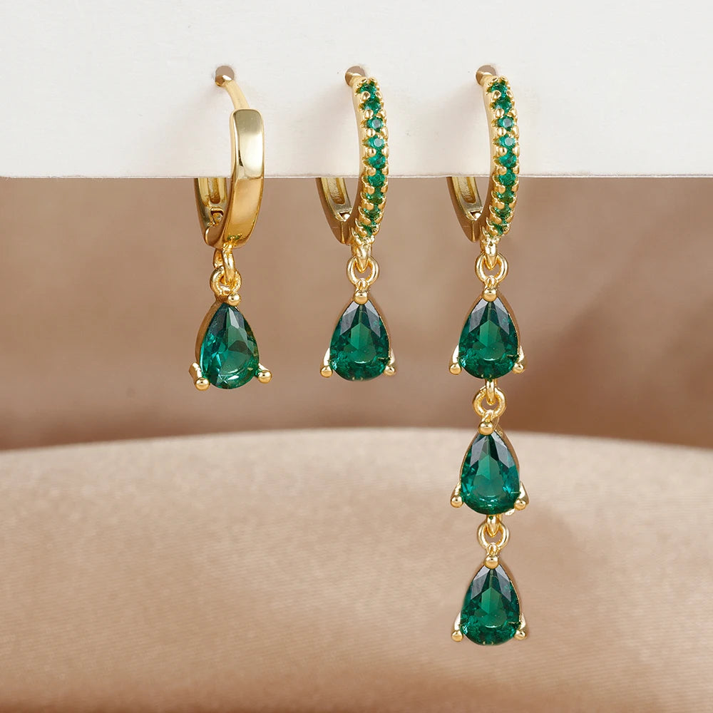 3PCS Stainless Steel Zircon Water Drop Hoop Earrings 18K Gold Heart