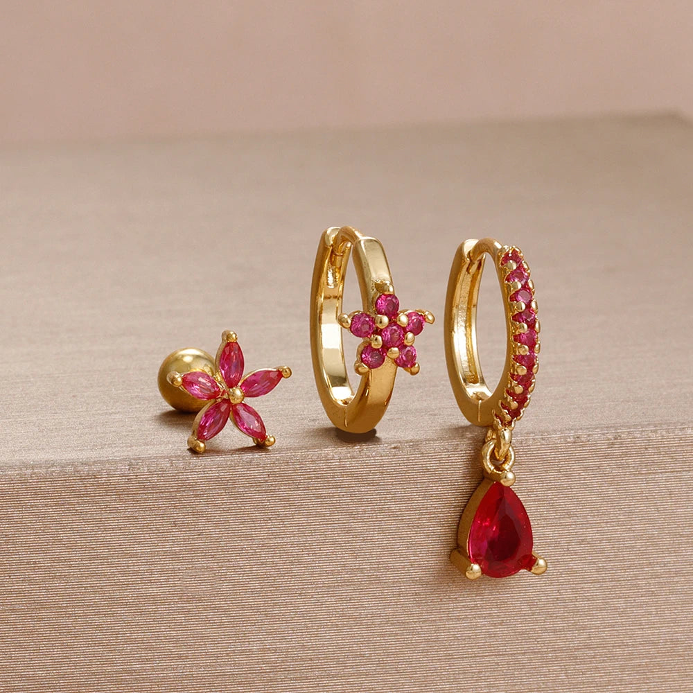 3PCS Unique Stainless Steel Earrings Set Rose Red Crystal Zircon