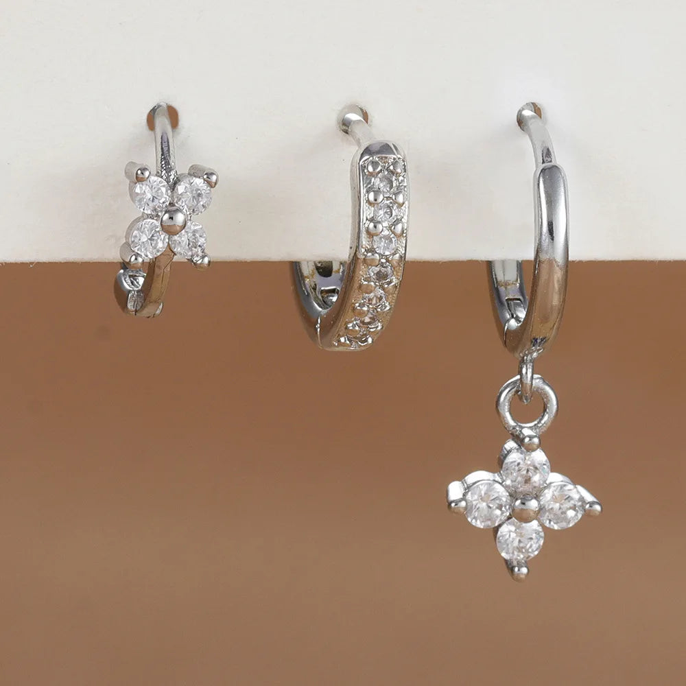 3PCS Fashion Orange Blue Zircon Hanging Earrings Stainless Steel Flower