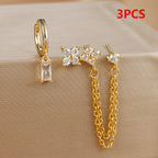 3PCS Fashion Double Ear Hole Chain Crystal Ear Stud Earring Set