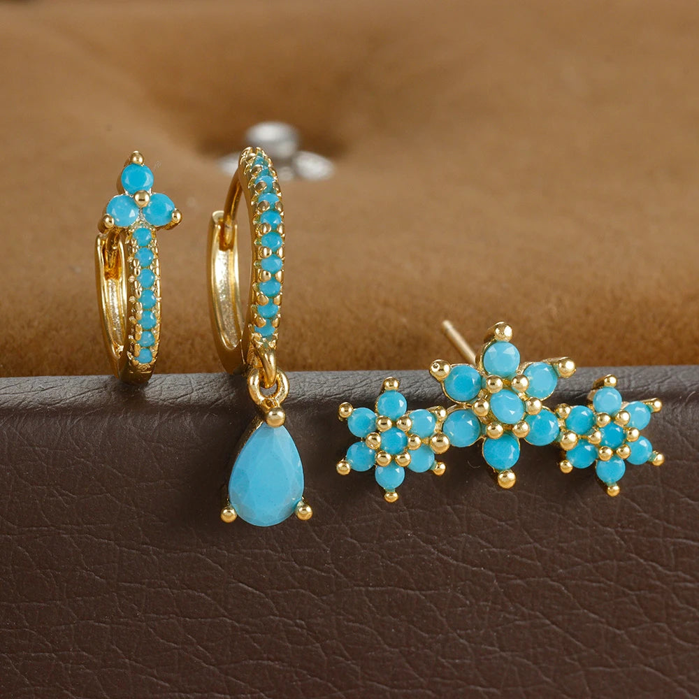 Vintage Blue Turquoise Water Drop Hoop Earring Set Geometric Steel