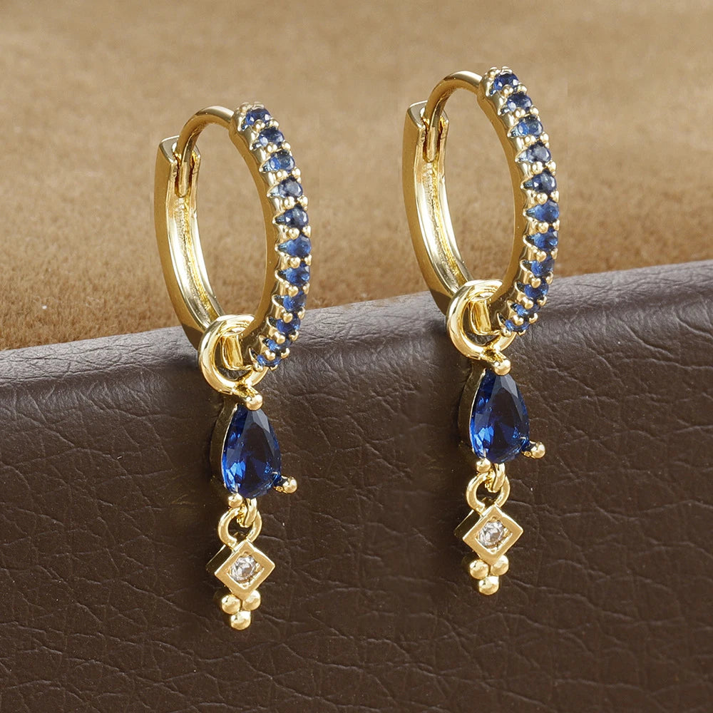 Classic Dark Blue Zircon Triangle Square Piercing Earrings Steel