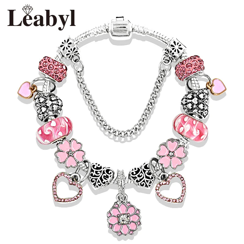 Romantic Pink Heart Charm Bracelet Fine Crystal DIY Bead Bangle Gift