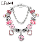 Romantic Pink Heart Charm Bracelet Fine Crystal DIY Bead Bangle Gift