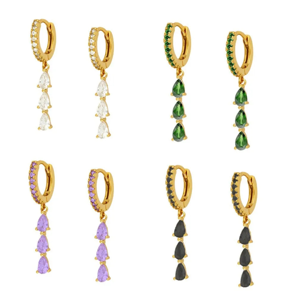 2PCS Stainless Steel Zirconia Small Hoop Earrings Water Drop Pendant