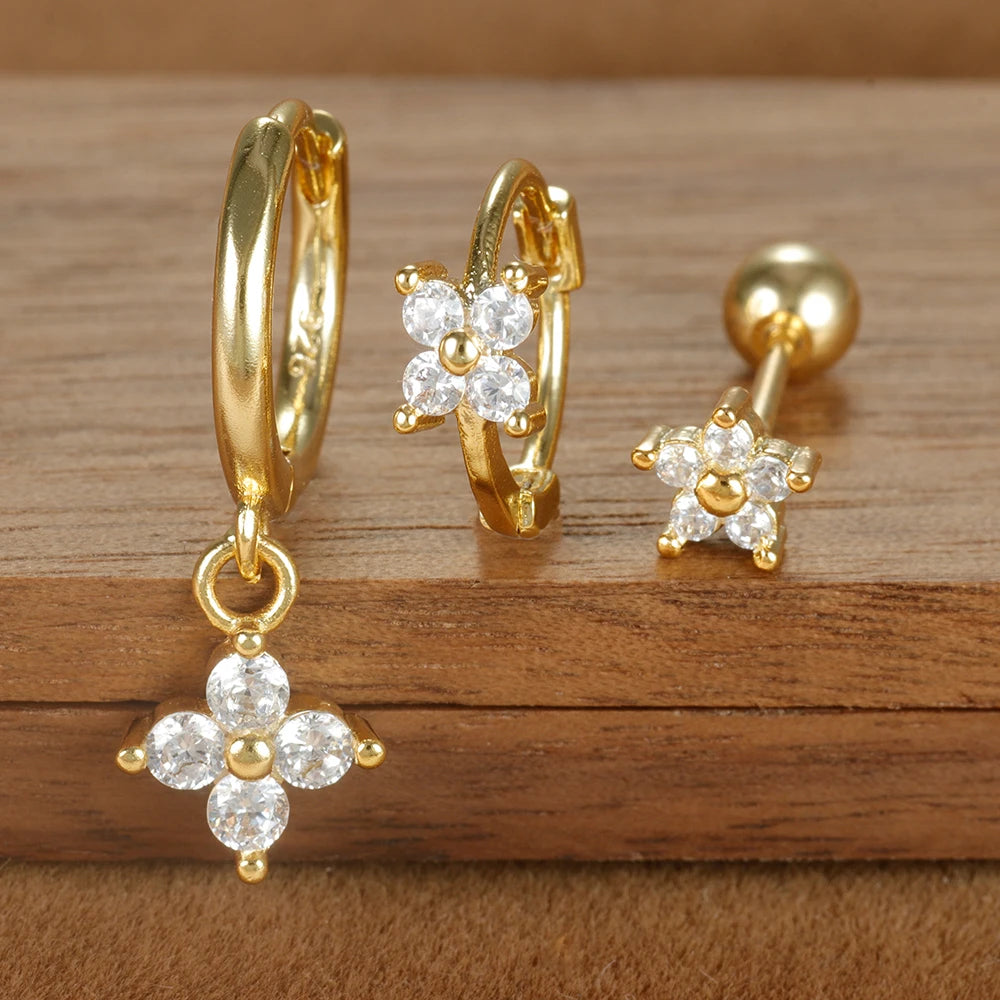 3PCS Four Flower Zircon Little Hoop Earring Star Cartilage Piercing