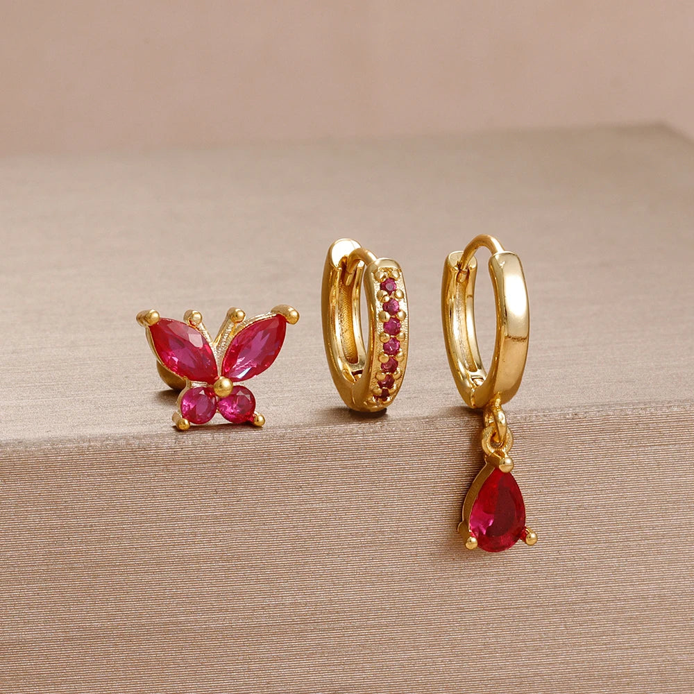 3PCS Unique Stainless Steel Earrings Set Rose Red Crystal Zircon