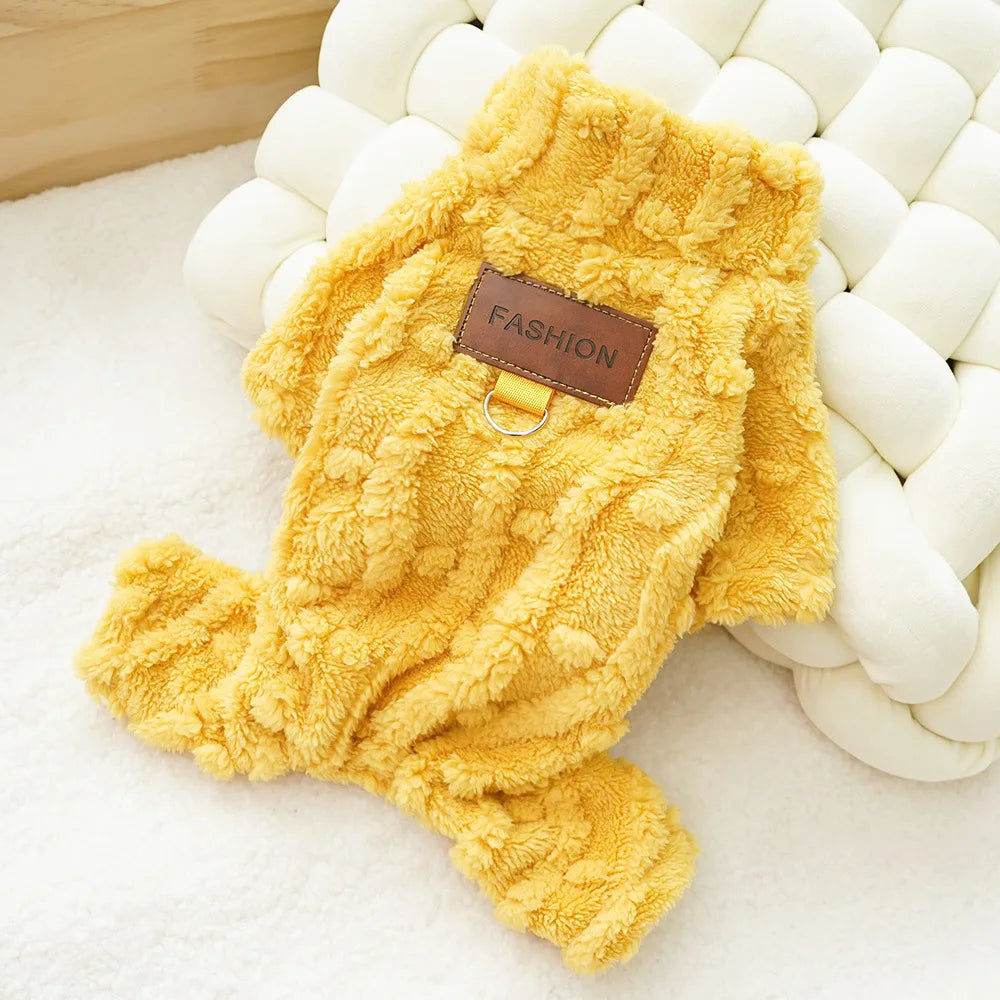 Warm Pet Pajamas Onesie Plush Dog Cat Bodysuit Fleece Lined Winter Costume