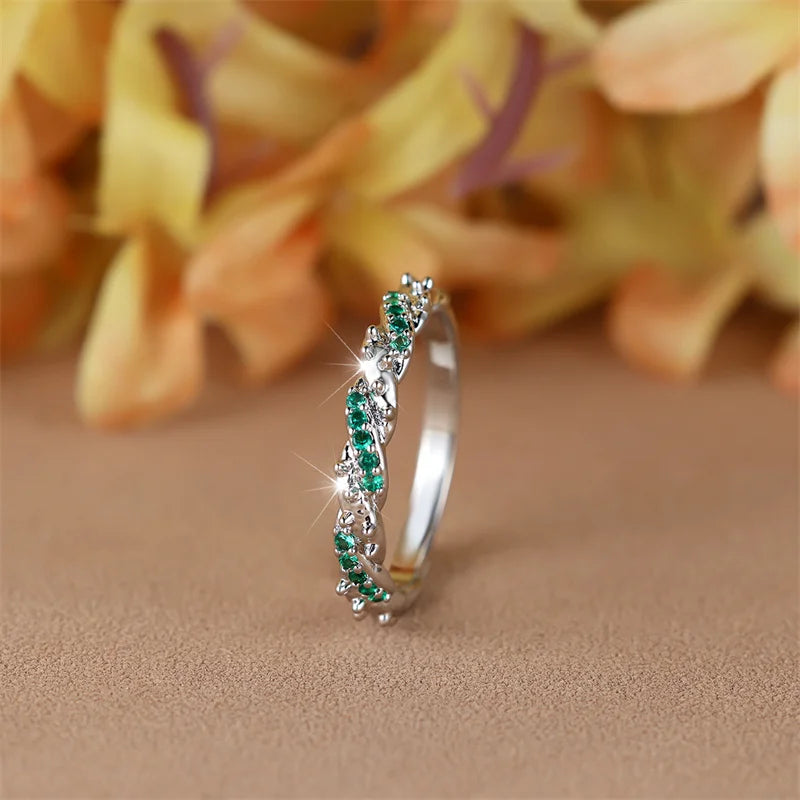 Minimalist Small Green Stone Crossed Rings For Women Silver Color Stacking Thin Wedding Bands Daily Party Zircon Finger Jewelry