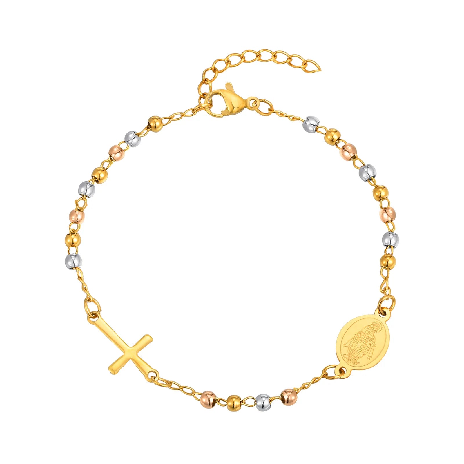 Stainless Steel Virgin Mary St Benedict Cross Bracelet, Bead Chain Bracelet Women Religious Jewelry