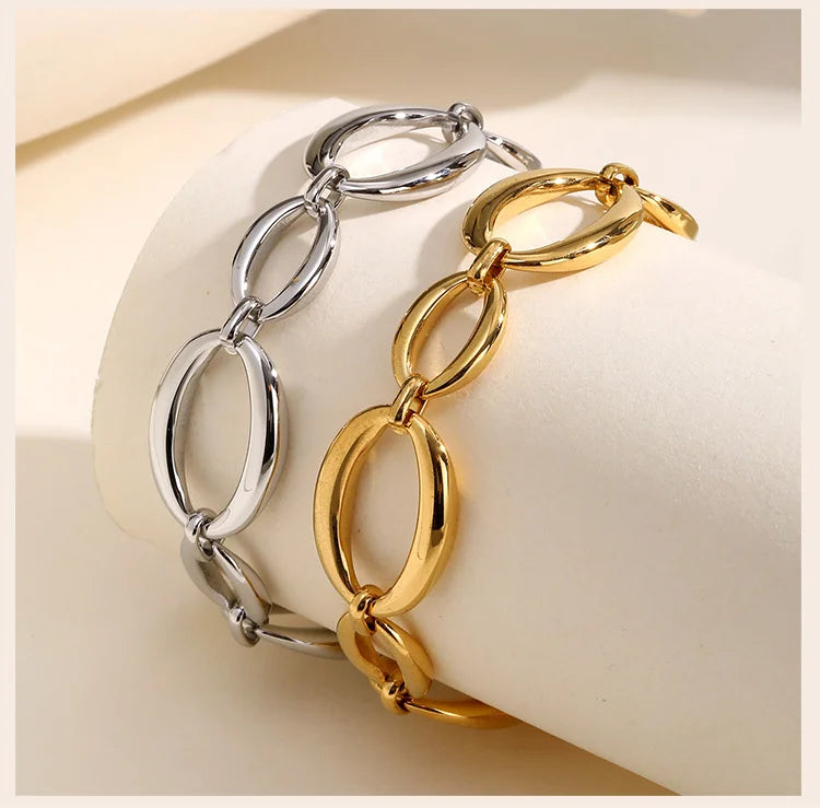 Stainless Steel Oval Fancy Link Chain Bracelets For Women, Chunky Thick Geometric Bangle Hypoallergenic Jewelry