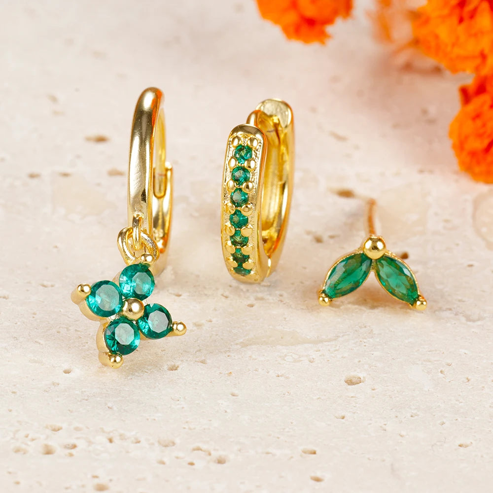 3PCS Exquisite Green Zircon Hanging Earrings Stainless Steel Flower