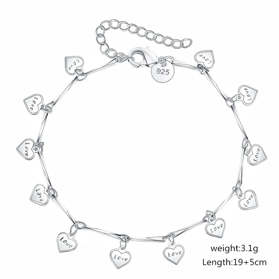 LOVE Heart Card Chain Bracelet 925 Sterling Silver Fashion Christmas Gift