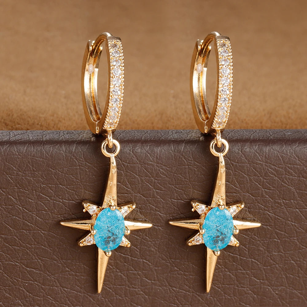 Luxury Crystal Zirconia Star Hoop Earrings Gold Plated Geometric