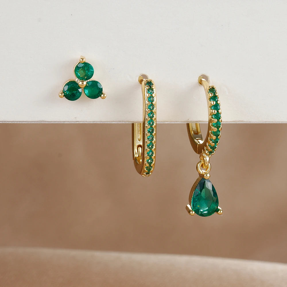 3PCS Waterdrop Shape Zircon Hoop Earrings Triangle Flower Studs