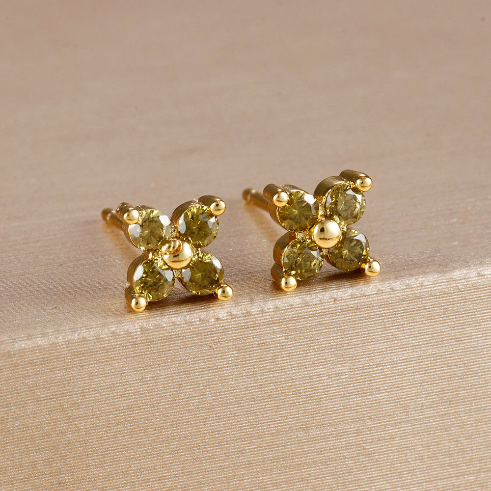 Exquisite Green Zircon Flower Hoop Earrings 18K Gold Plated Steel