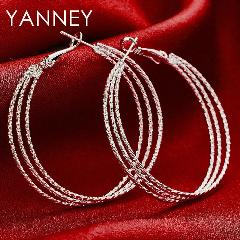 925 Sterling Silver 50mm Frosted 3 Circle Hoop Earrings Women Fashion Wedding