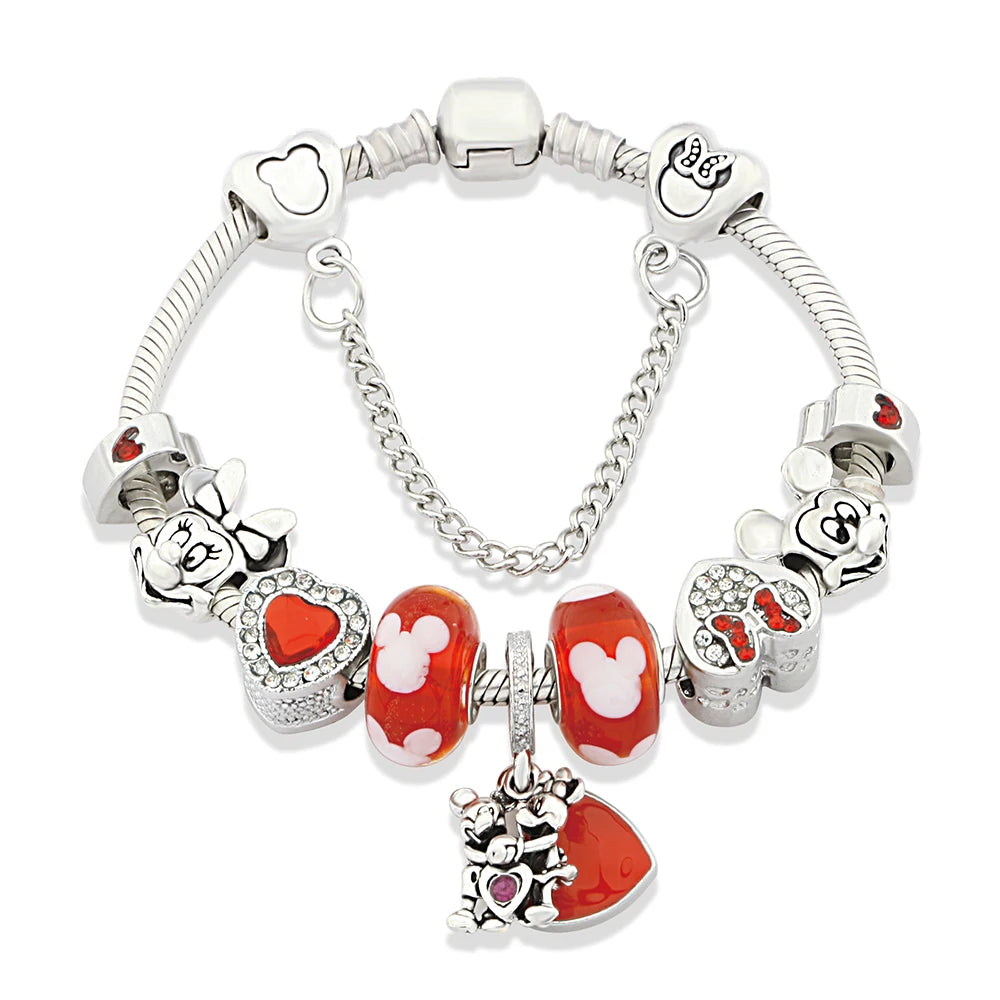 Red Pink Black Crystal Animal Charm Bracelet Heart Mickey Minnie Gift