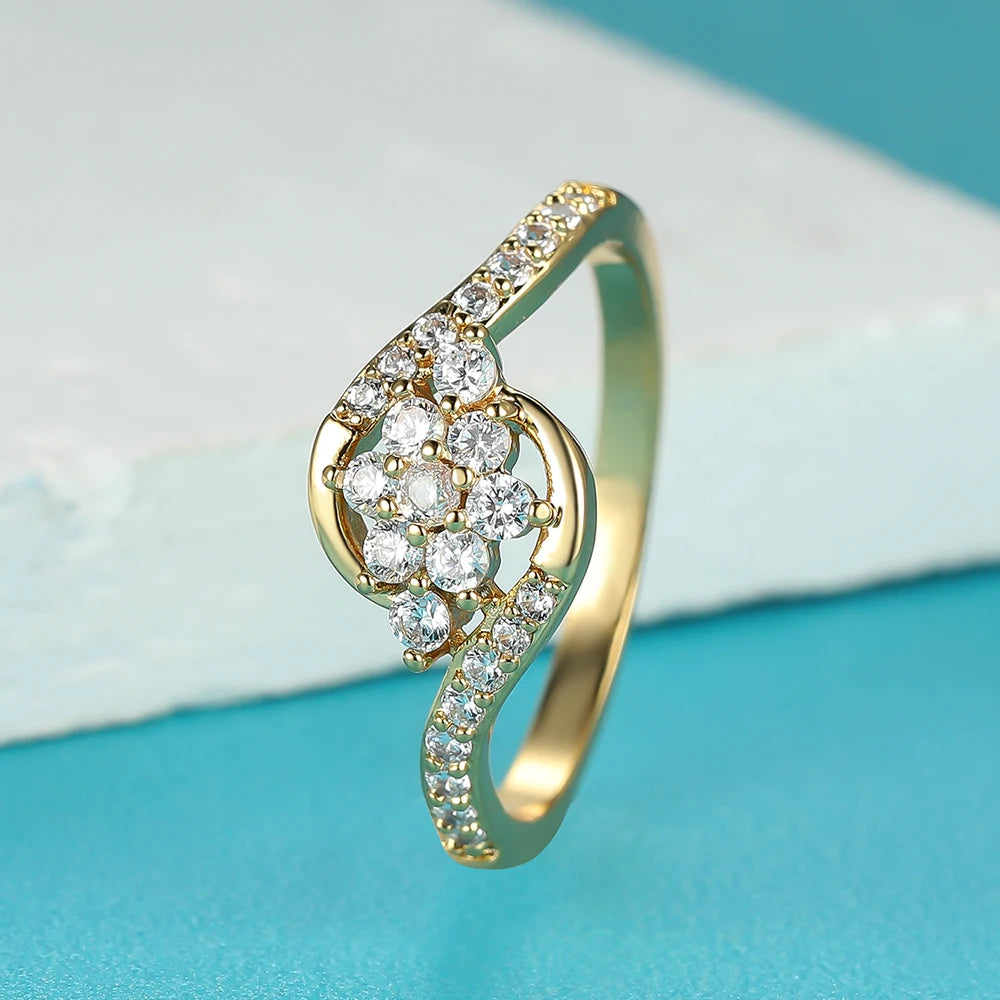 Female Charm Flower Snowflake Rings For Women White Zircon Wedding Bands Antique Gold Color Wave Engagement Ring Party Jewelry